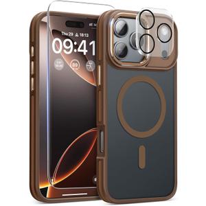 Magnetic 3 in 1 for iPhone 17 Pro Case, [Omni-Directional Protection] with 1x Screen Protector + 1x Camera Cover, [Seamless Work with Magsafe] Shockproof Slim Thin Matte Case for iPhone 17 Pro Brown
