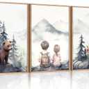 3Pcs Adventure Nursery Wall Art Woodland Animals Bear & Fox Wall Decor Watercolor Mountain Kids Canvas Posters for Classroom Baby Room Decorations Unframed