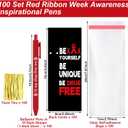 100 Sets Red Ribbon Week Supplies Bulk Red Ribbon Awareness Pens & Bookmarks Set Drug Free Ballpoint Pen with Inspirational Bookmarks Accessories for Fundraising Charity Party Favors