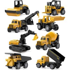 Geyiie 8 Pack Alloy Diecast Construction Vehicle Toy Set, Pull Back Trucks with Excavator Dump Truck Bulldozer Forklift, Durable Gift Toys for Toddlers Kids Boys & Girls
