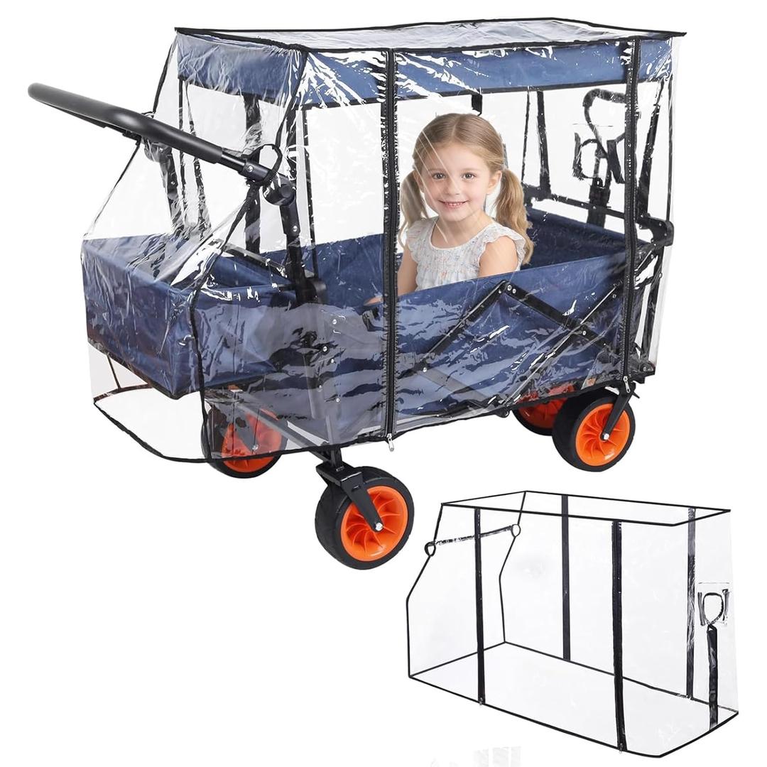 Wagon Rain Cover,Transparent EVA Waterproof Windproof Dustproof Cover for Folding Shopping Cart 35-37 Inch Folding Trolley Cart Accessories,Essential for Baby Stroller Outdoor Camping Picnic & Beach
