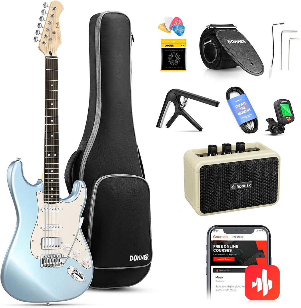 Donner DST-152R Electric Guitar, 39" Beginner Electric Guitar Kit, HSS Pickup with Coil Split, Guitar Starter Set with Amp, Bag, All Accessories, Metallic Ice Blue