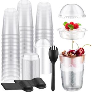 Gejoy 100 Set 16 oz Parfait Cups With Dome Lids - Plastic Yogurt Cups With No Hole Insert and Spork - Disposable Dessert Cups for Fruit, Ice Cream