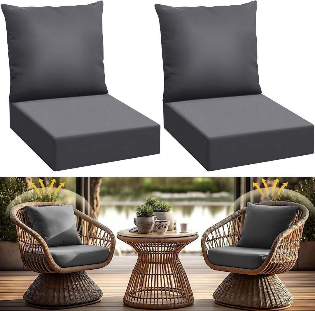 Patelai 2 Set Outdoor Deep Seat Cushions 24x24, 6 Inch Thick Replacement Patio Furniture Cushions with Backs, Washable Cover UV Waterproof & Fade Resistant Chair Pads for Wicker Couch (Dark Gray)