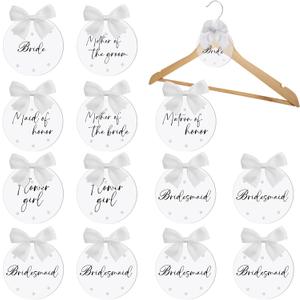 Vicenpal 13 Pack Bridesmaid Hanger Tags for Wedding Pearl Bride Hanger with White Ribbons Weddings Party Favor for Bride Gifts Maid of Honors Tags Dress Luggage Bachelor Party(Round)