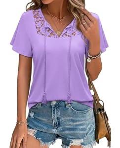 Uhiger Purple Tops for Women Boho Tops Short Sleeve Lace Blouses V Neck Flowy Shirts Tie Front Chic Tunics Casual Outfits Vacation, XL