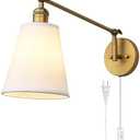 PERMO Retro Swing Arm Wall Sconce Plug in Wall Lamp Single Sconce Light Fixture with White Fabric Shade for Bedroom Living Room Home Office