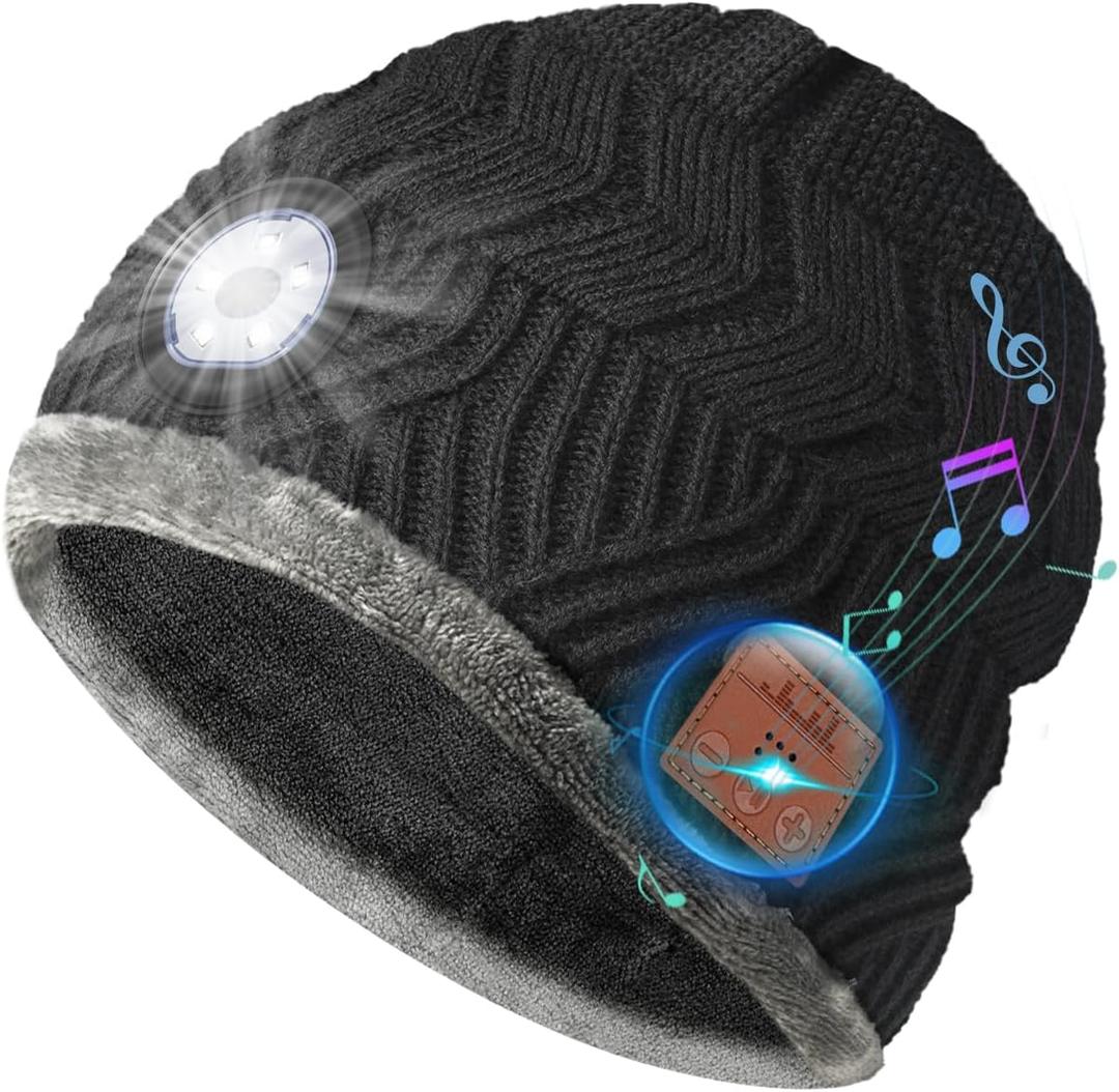 Bluetooth Beanie with a Light, Rechargeable Hat with 4 LED Headlamp & Headphones, Christmas Stocking Stuffers Gifts for Men