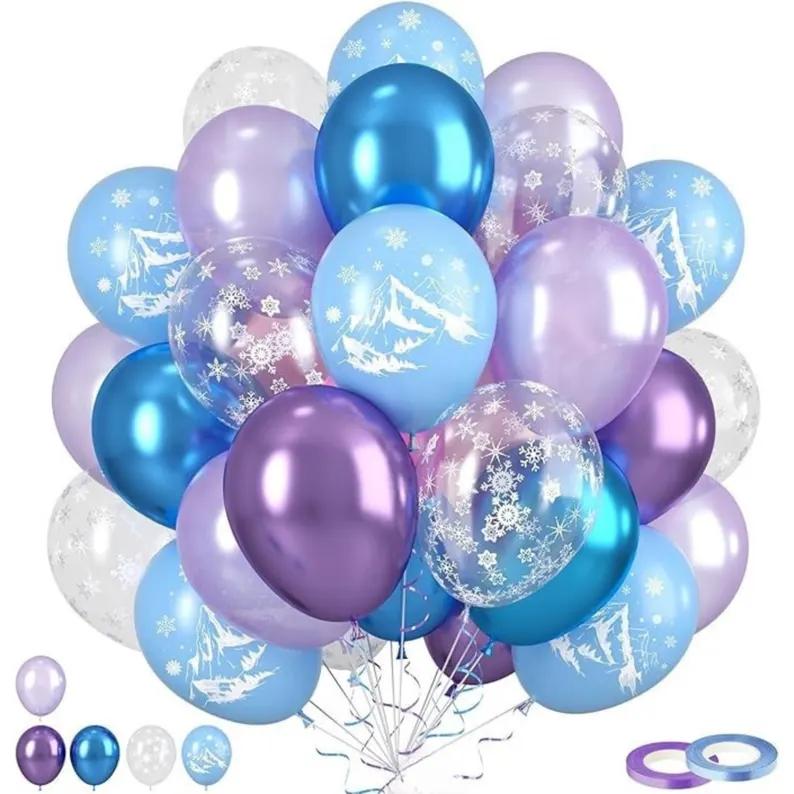 60pcs Frozen Balloons 12inch, Pastel Purple and Blue Balloons with White Pearl Metallic Blue Purple Snowflake Balloon for Baby Shower Birthday Party Decorations