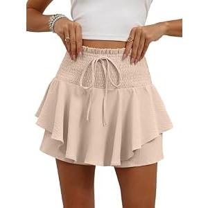 Caracilia Summer Shorts for Women Flowy Mini Skirts Elastic High Waist 2026 Tiered Ruffle Casual Golf Tennis Short Skorts Parchment X-Small