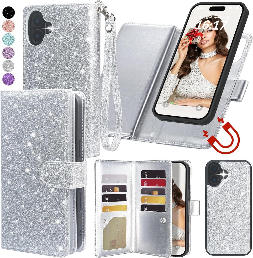 Varikke for iPhone 16 Wallet Case Detachable with Card Holder for Women Girls, Fashion Glitter PU Leather Wrist Strap Strong Magnetic Flip Wallet Removable Phone Case Cover for iPhone 16 6.1", Silver