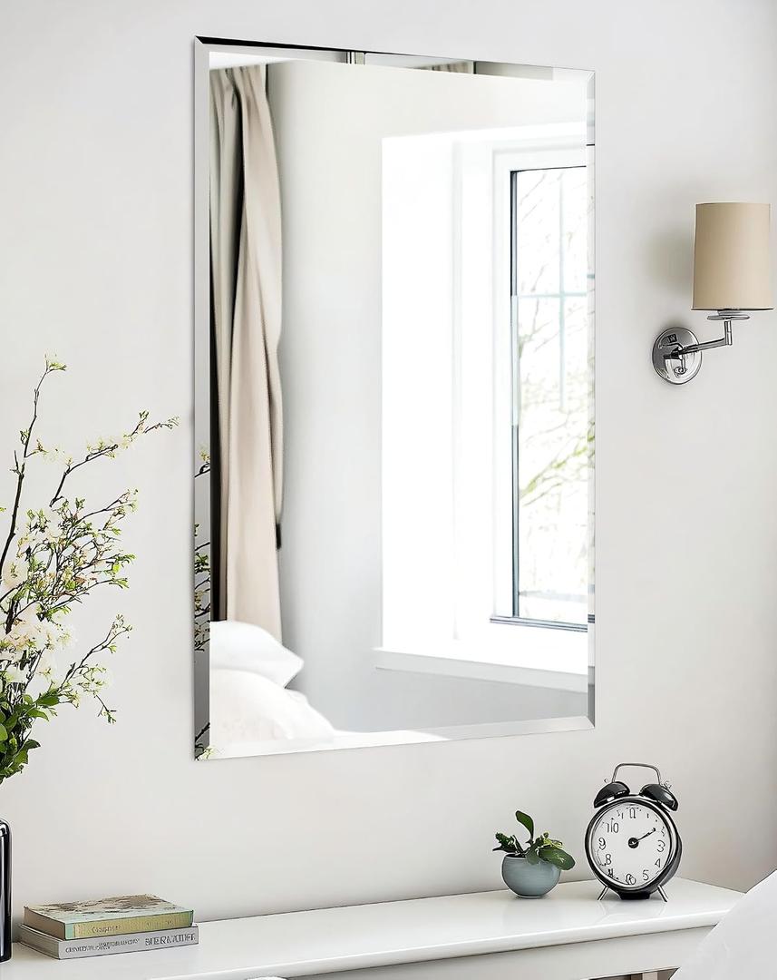 Frameless Rectangular Wall Mirror: Decorative Rectangle Mirrored Glass Vanity with Beveled Silver Edge for Bathroom Bedroom Livingroom Dining Room Entryway Hallway, 40 x 28 inch
