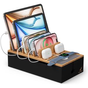 Pezin & Hulin Cord Organizer Box, Surge Protector Organizer, Device Charger Station for Phones & Tablets, Wood Charging Dock -with 6 Wire Cables, BUT NO Power Supply - Natural + Black