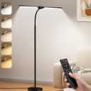 LED Floor Lamp for Living Room, Bright Reading Lamps for Office, Adjustable Colors Temperatures&Brightness, Dual Head Goose-Neck Standing Lamp, Remote and Button Control, Eye Caring Tall Lamp, Black