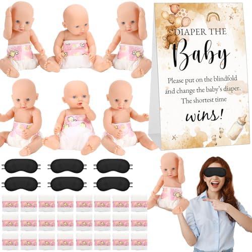 JolliLudo 37 Pcs Baby Shower Diaper Changing Game Supplies Including Dolls Blindfold Diapers Cardboard Sign Baby Changing Diaper Race Game Set for Gender Reveal Party (Minimalist)