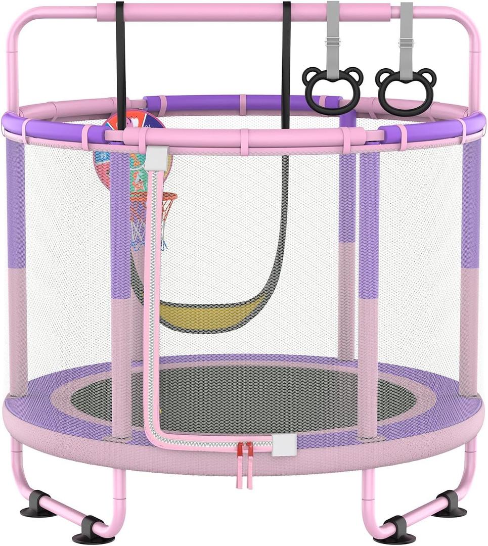 LANGXUN 60" Trampoline for Kids, 5ft Mini Toddler Indoor & Outdoor Trampoline with Net, Basketball Hoop & Dart Board, Birthday Gifts for Boys & Girls, Baby Toddler Christmas Toys (Purple Pink)