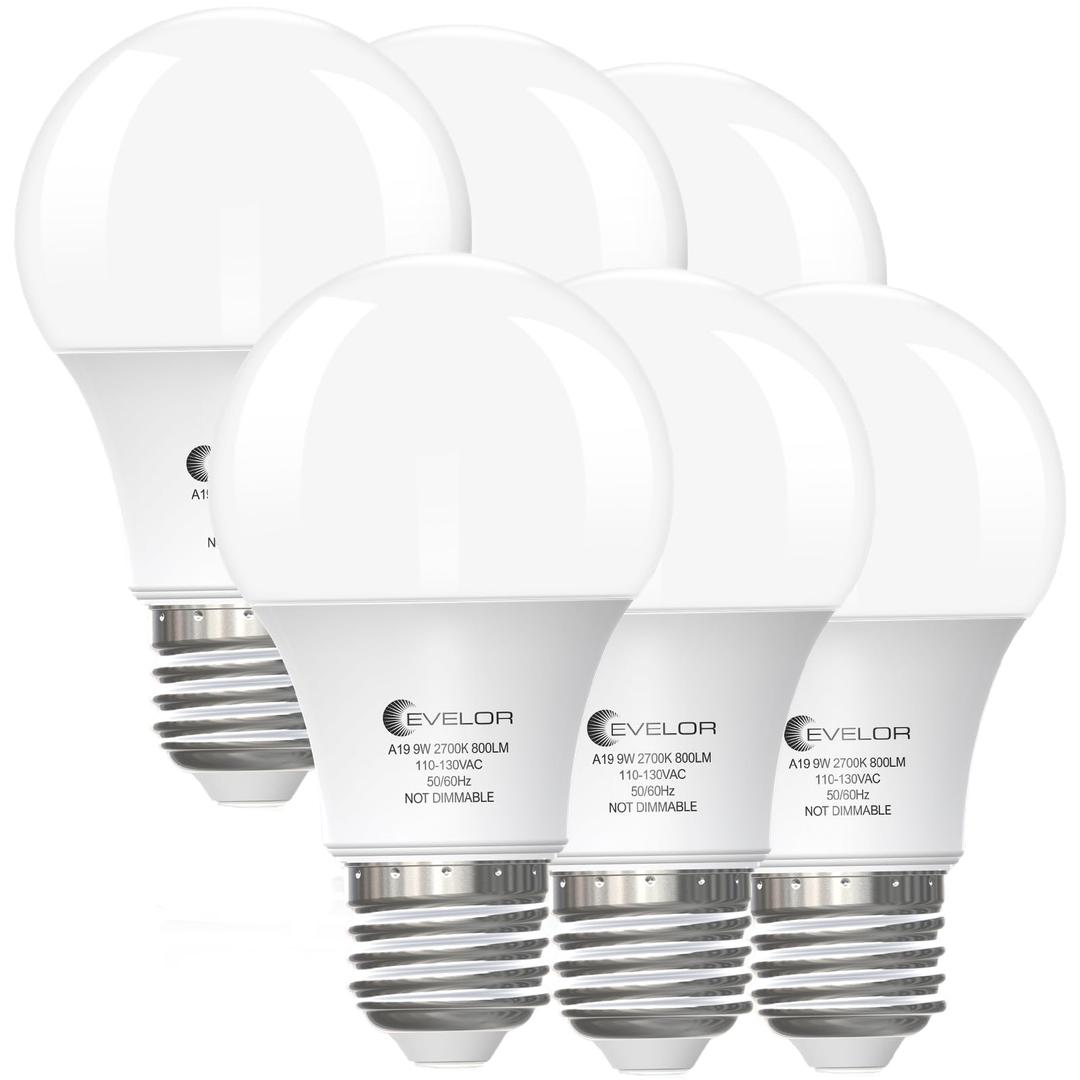 Evelor 6-Pack A19 LED Light Bulbs,60 Watt Equivalent,Soft Warm White 2700K | Efficient 9W,800 Lumens,Non-Dimmable,E26 Base LED Bulbs,15000 Hours, Ideal for Bedroom Living Room, Pack Of 2
