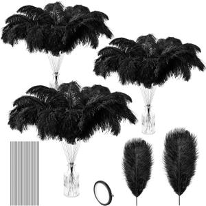 Tigeen 100 Set Ostrich Feathers Bulk 12-14 Inch,10-12 Inch 100 Natural Feathers for Vase with 100 Sticks and Tape Making Kit for DIY Wedding Floral Arrangement Party Centerpiece Decor(Black)
