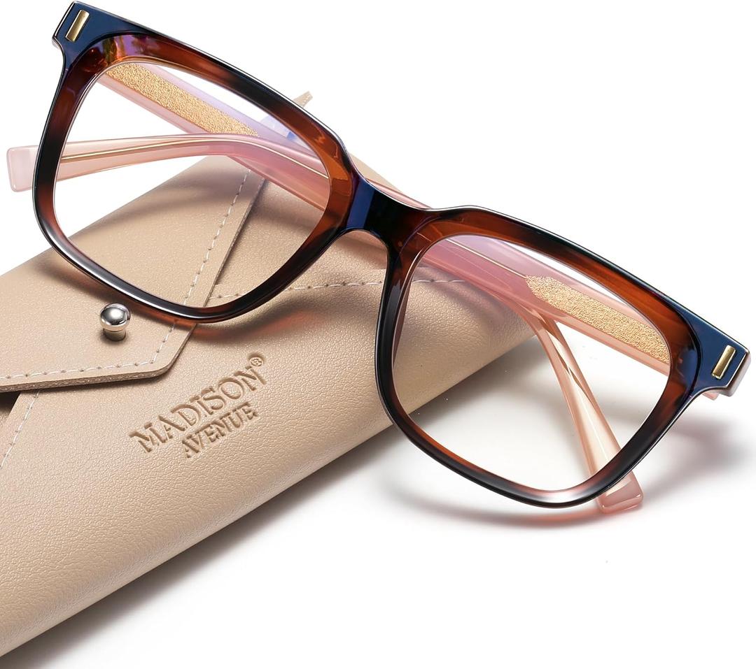 Madison Avenue Trendy Sqaure Blue Light Blocking Glasses for Women with Case, Stylish Anti Glare Glasses for Computer (Tortoiseshell)