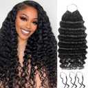 Pre-Separated Human Crochet Hair Deep Water Wave Curly Miracle Knots Crochet 100% Human Hair Bundles Braiding Hair 14 Inch 50g Knotless Feather Invisible Crochet Hair Extensions for Women, Black