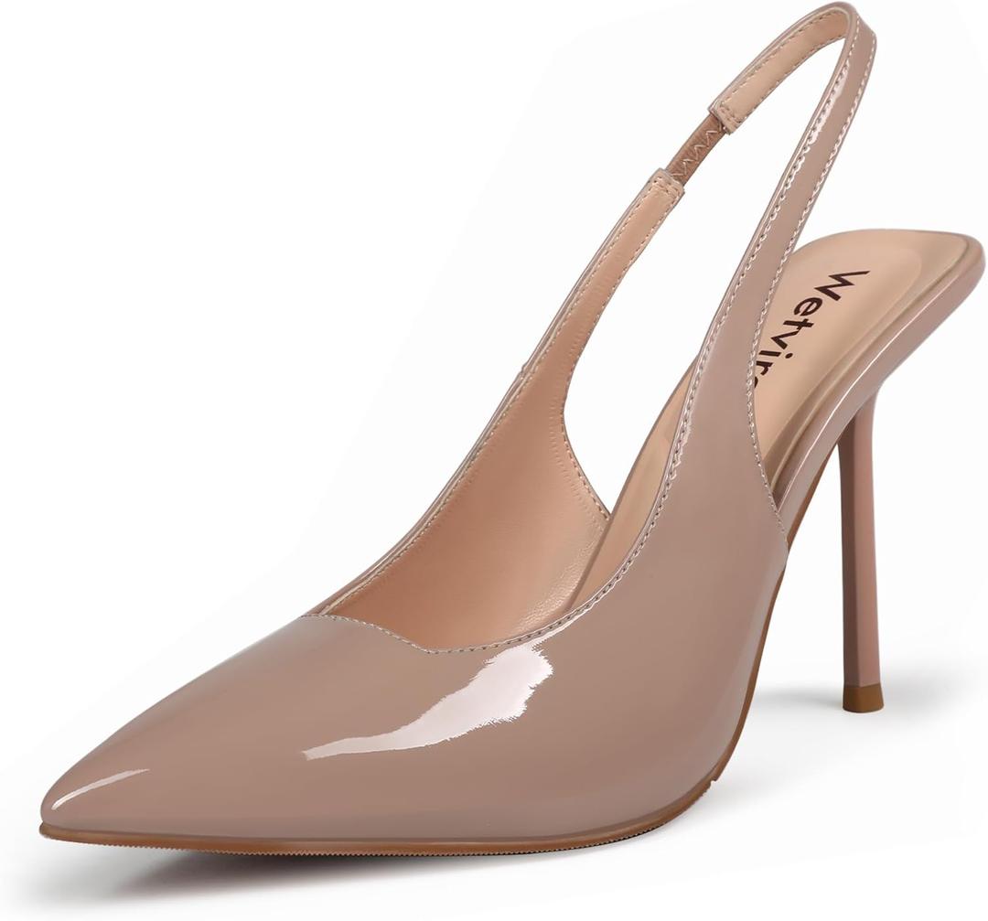 Women's Pointed Toe Slingback High Heels Pumps Patent Leather Stiletto Dress Heels Pumps for Women (6, Nude)