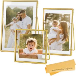 Set of 3 Glass Pressed Flowers Frame Collection, 4"x4", 4"x6", 5"x7" Gold Metal Floating Standing Glass Picture Frames, Tabletop Pressed Glass Artwork Frame Home Decor Photo Display