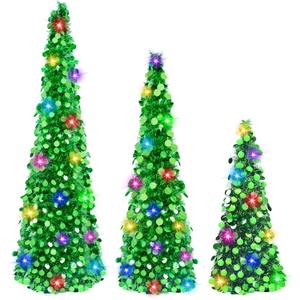 MACTING 3PCS Christmas Pop up Tree with Lights Timer 3FT&4FT&5FT Green Collapsible Tinsel Pencil Tree Easy-Assembly Coastal Glitter Artificial Tree for Porch Apartment Corner Home Party Xmas Decor