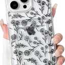 NITITOP Compatible with iPhone 16 Pro Case Clear with Card Holder Cute Floral Flower Leaves Design for Women Girls Slim TPU and Hard Back Bumper Wallet Shockproof Protective Cover - Black
