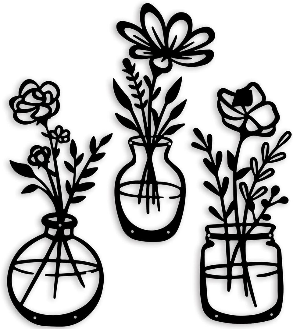 3 Pieces Black Metal Flowers Wall Decor Stocking Stuffers for Teen Girls Christmas Birthday Gifts for Women Wall Art Metal Wall Sculptures Hanging for Indoor Kitchen Bathroom Bedroom living room 14.56x5.9 inches