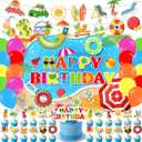 59 Pcs Pool Birthday Party Supplies, Summer Beach Pool Themed Party Decoration Pool Backdrop Balloons Cake Cupcake Topper for Swim Water Bash Luau Tropical Hawaii Themed Party Decor