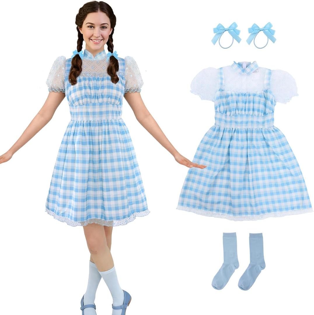 Halloween Costumes for Women,Sexy Princess Costumes, Blue/White Dress,Socks,Hair Ties, Book Storybook Character (Blue, M)