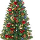 [12 Modes & Timer] 3 Ft Christmas Tree, Artificial Tabletop Christmas Tree with 70 Warm White & Muliti Lights Pine Cones Red Berried Balls Burlap Base Battery Xmas Tree Home Christmas Decorations