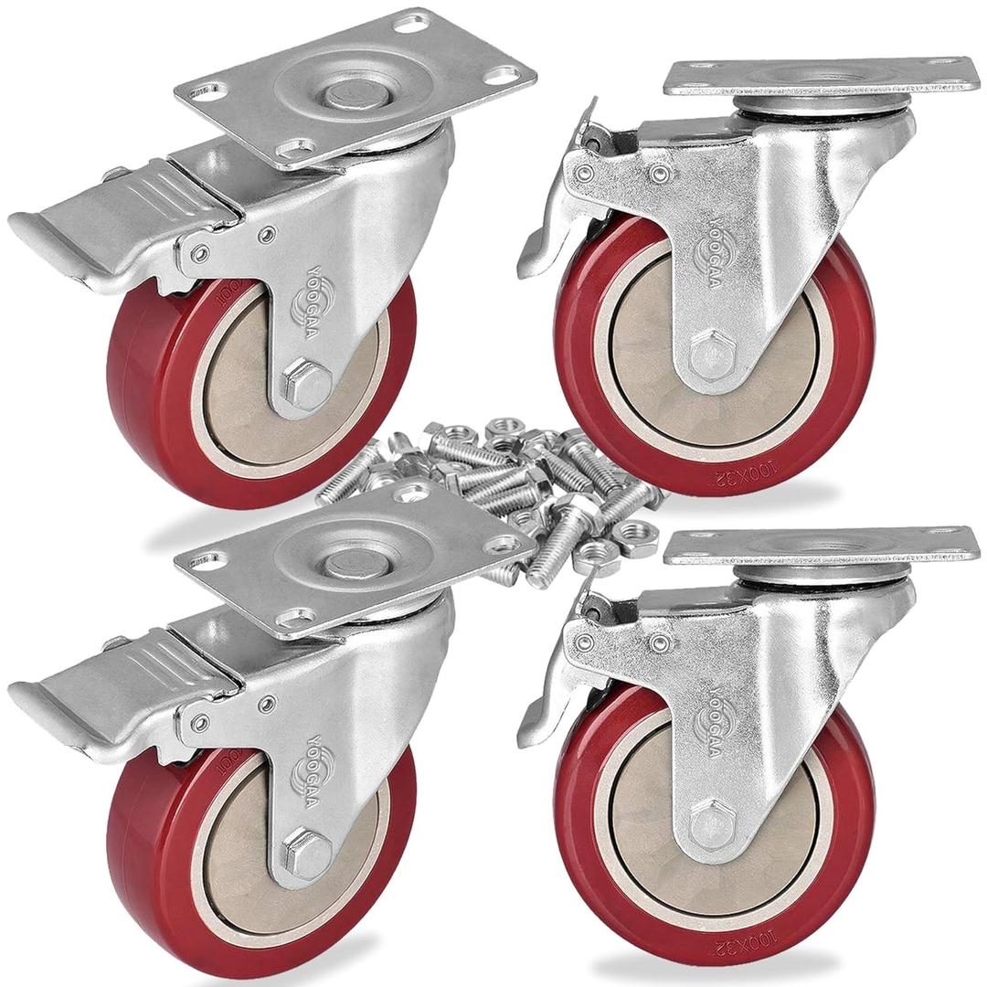 Caster Wheels 3 Inch Casters Set of 4 Heavy Duty Load Bearing 1000 Lbs Locking Swivel Plate Casters with Brake Industrial No Noise Polyurethane Wheels Anti-wear Smooth Casters
