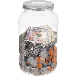 Yamahiko Large Clear Coin Bank Jar with Slotted Lid, One Gallon Plastic Money Tip Change Savings Coin Jar for Coin or Raffle Ticket, Big Money Coin Tip Piggy Change Bank Box for Adults Teens, Silver
