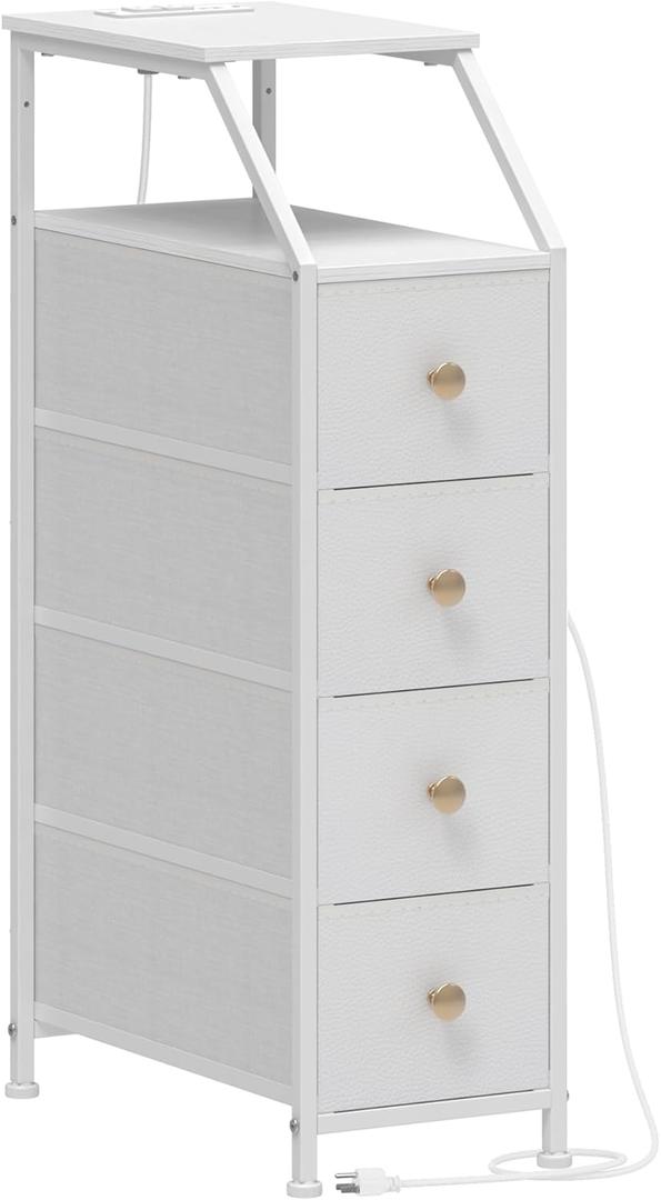 Tohomeor Narrow Dresser Tall Skinny Storage Tower Vertical Slim Chest of Drawers with Charging Station Small Nightstand Side Table for Bedroom, Bathroom, Small Spaces (White, 4 Drawers), 18.9"D x 9.8"W x 34.4"H