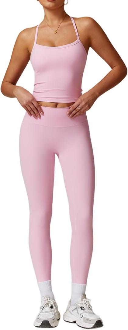 ABOCIW Workout Sets for Women 2 Piece Padded Sports Bra Tank Top High Waist Leggings Sets Gym Yoga Work Out Clothes (X-Small, Pink)