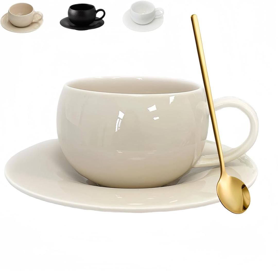 ARISKEY Coffee Mug Set of 2,9.5oz/280ml Ceramic Tea Cup and Saucer Set with Spoon Perfect for Latte and Milk,Gift for Mother,Friends and Family(Creamy White)