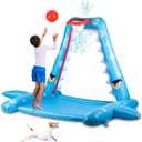 Zone Tech Splash Pad Sprinkler for Kids Outdoor Play, Big Inflatable Shark Sprinkler with Basketball Hoop Water Splash Pad for Dog, Toddlers Outdoor Water Toys, Ball and Accessories Included