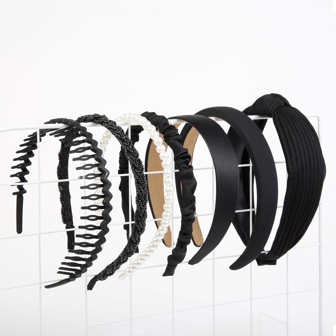 7 PCS Fashion Headbands for Women Floral Vintage Wide Headband Cute Pearl HeadBand Twisted Black Hair Bands for Girls Hair Non Slip Hair Accessories (Black)