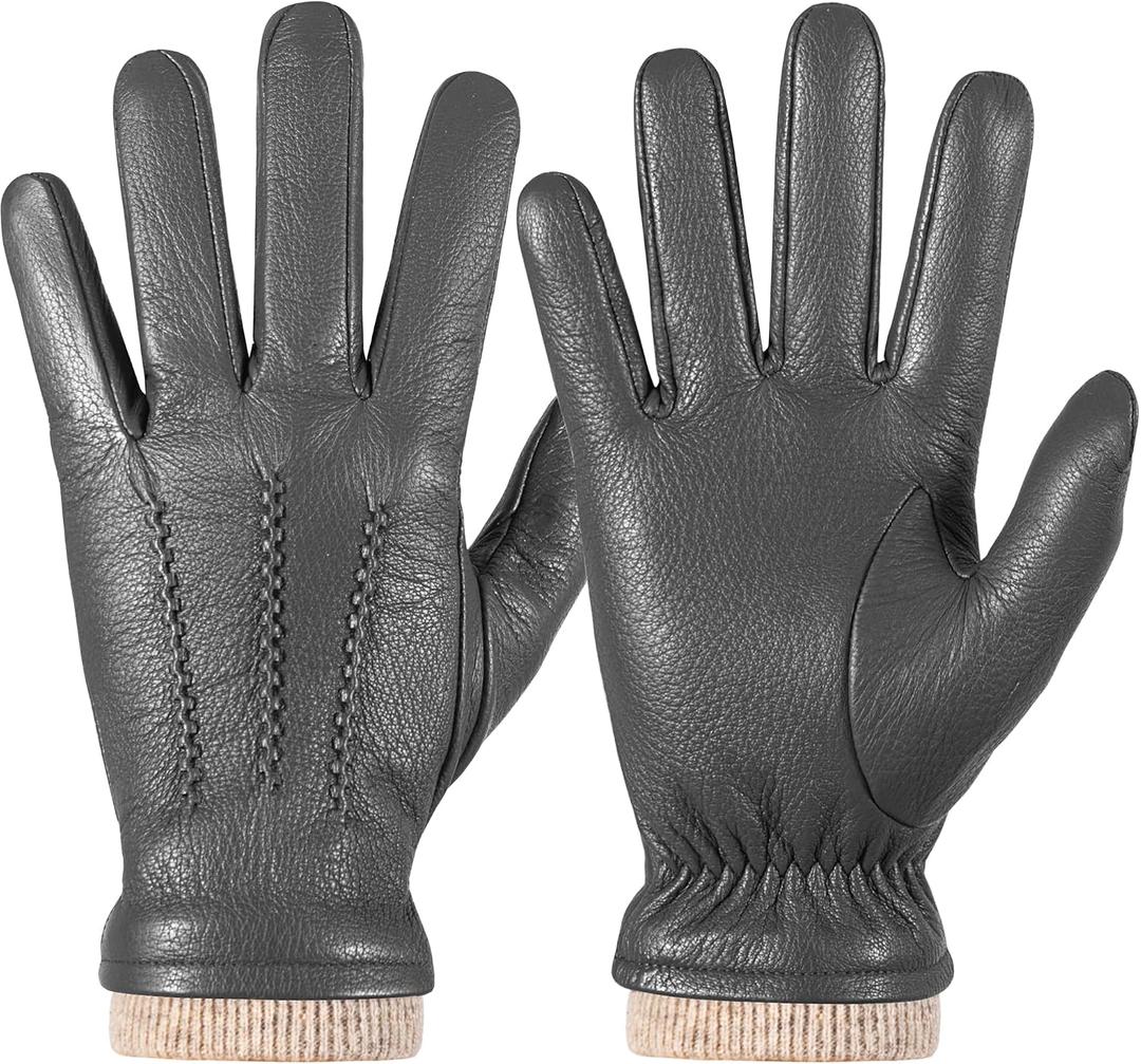 Winter Fashion Genuine Leather Gloves for Men, Cashmere Warm Lined Finger Touchscreen Texting Driving Gloves (Black, L)