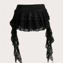 Women's Y2K Mini Skirt Ruffle Lace Asymmetrical Cute Skirts Layered Flowy Pleated Skort with Shorts for Concert Party (Black, S)