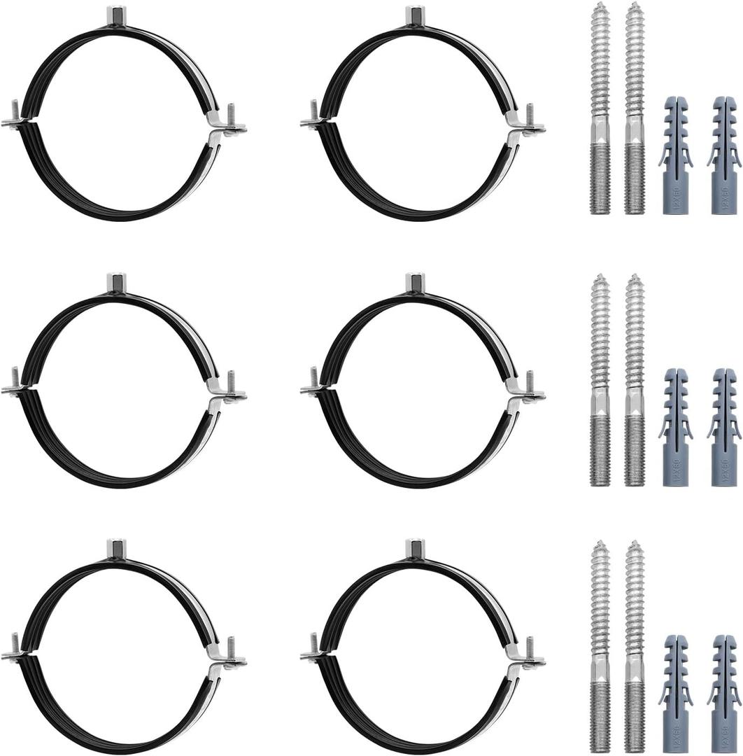 6 Pcs 4.4-4.6 Inch Split Ring Pipe Hanger, 113-118mm Heavy Duty Adjustable Pipe Bracket Clamp with Screw & Expansion Tube, Wall Ceiling Mount Combination Thread M8/M10 Metal Pipe Clamps