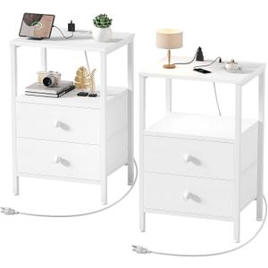 White Nightstands Set of 2 with Charging Station, Bedroom Night Stand Set 2 Small Night Stands with Drawers and Shelf Storage End Table Dorm Bedside Table Modern (Medium 2 pcs)