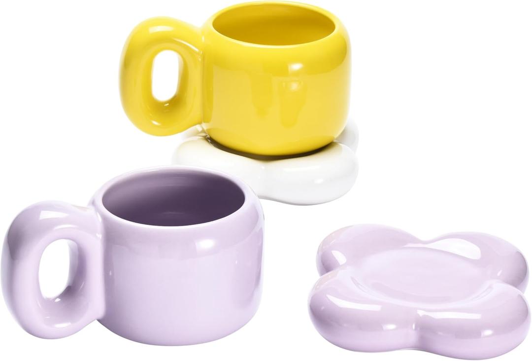 WHOLE HOUSEWARES | 2 Ceramic Coffee Mug - Aesthetic Chubby Cloud Mug - Trendy Cups with Unique Shape - Dishwashe-safe - Compatible For Coffee Or Tea - For Home and Office Use (Purple & Yellow)