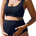 Summer Mae Maternity Ribbed High Waist Swimsuit Crop Top Bikini Bathing Suit High Cut Two Piece Pregnancy Swimwear (XX-Large, Navy)