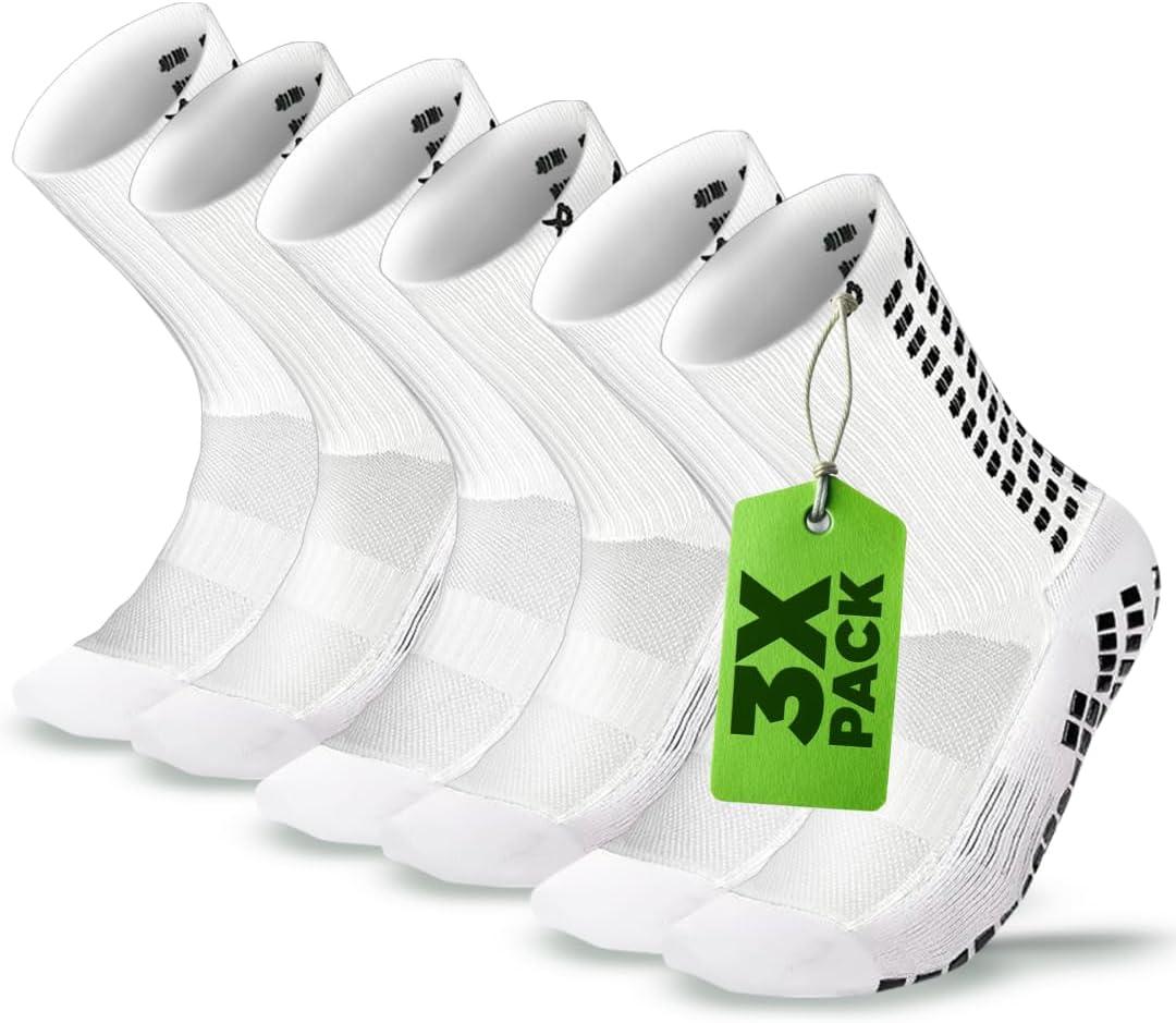 Lux Dual Grip Socks - Soccer Grip Socks for Men and Women. GripArray Performance & Comfort (Large, White (3 Packs))