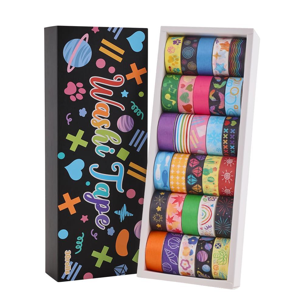 icceemee 30 Rolls Colorful Theme Washi Tape Set with Different Colorful Patterns, Writable Decorative Tapes for Scrapbooking, Junk Journal Supplies, Bullet Journaling, 0.6'' x 79'' per Roll