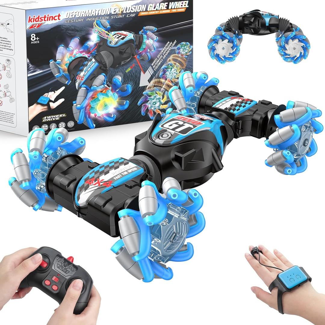 1:12 Gesture Sensing RC Stunt Car, 2 * 1200mAh Hand Controlled Remote Control Twist Cars with Light & Music, 4WD 360 Rotate Transform Drift, Gifts for 8-12 Kids Age 8 9 10 11 12 Yrs Old Trains (Blue)