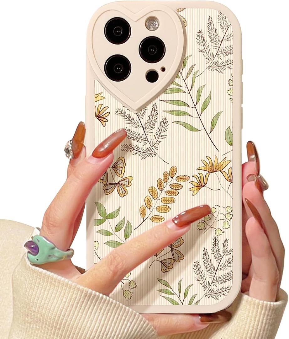 Lovmooful Compatible for iPhone 15 Pro Case Cute Leaves with Love Lens Bumper Protector for Girls Women Soft TPU Shockproof Protective Girly for iPhone 15 Pro-Leaves