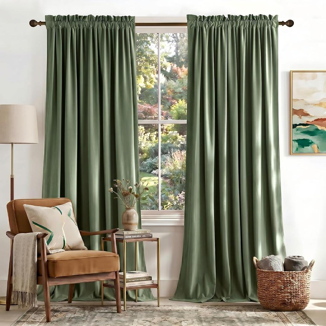 NICETOWN Super Soft Sage Green Velvet Curtains & Drapes 84 inches for Living Room, Sound Reducing Cold Heat Insulated Heavy Matt Room Darkening Panels (2 Panels), 52"W x 84"L